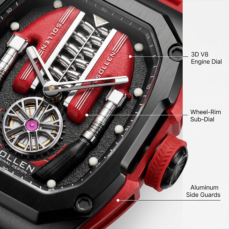 Sollen SL729 Sport Watch - Men's Racing Tonneau Engine Relief 6H Small Seconds Luminous Silicone Strap Wristwatch