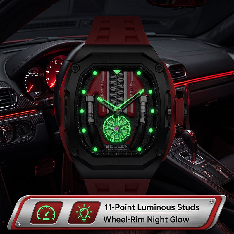 Sollen SL729 Sport Watch - Men's Racing Tonneau Engine Relief 6H Small Seconds Luminous Silicone Strap Wristwatch