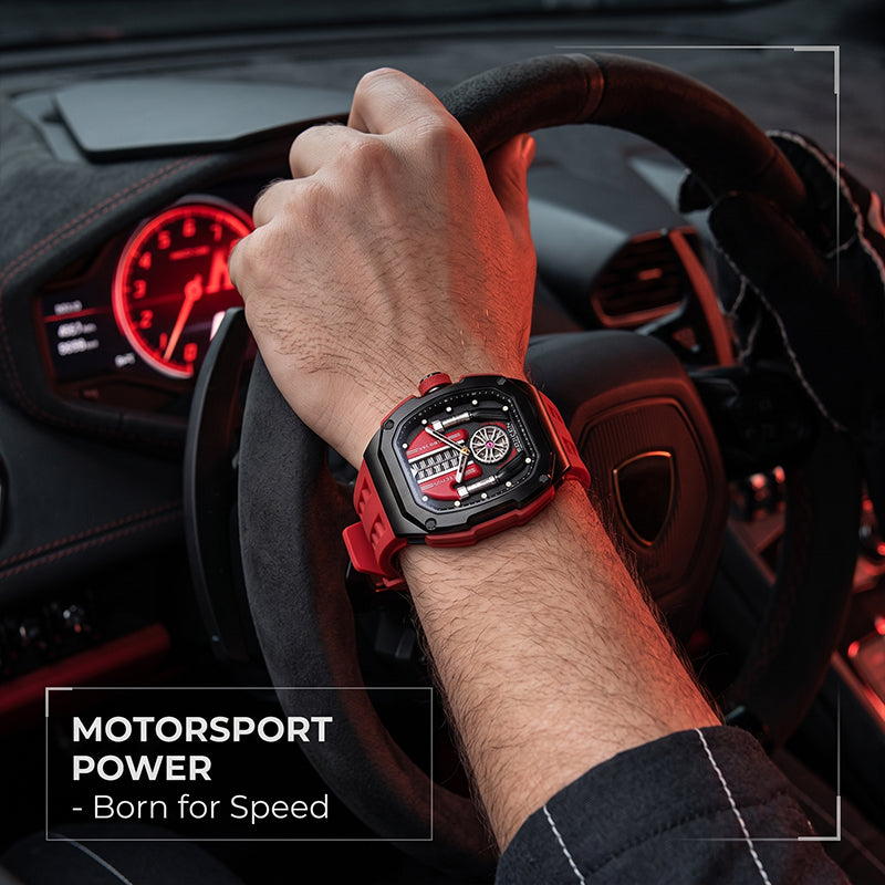Sollen SL729 Sport Watch - Men's Racing Tonneau Engine Relief 6H Small Seconds Luminous Silicone Strap Wristwatch