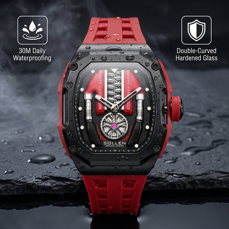 Sollen SL729 Sport Watch - Men's Racing Tonneau Engine Relief 6H Small Seconds Luminous Silicone Strap Wristwatch