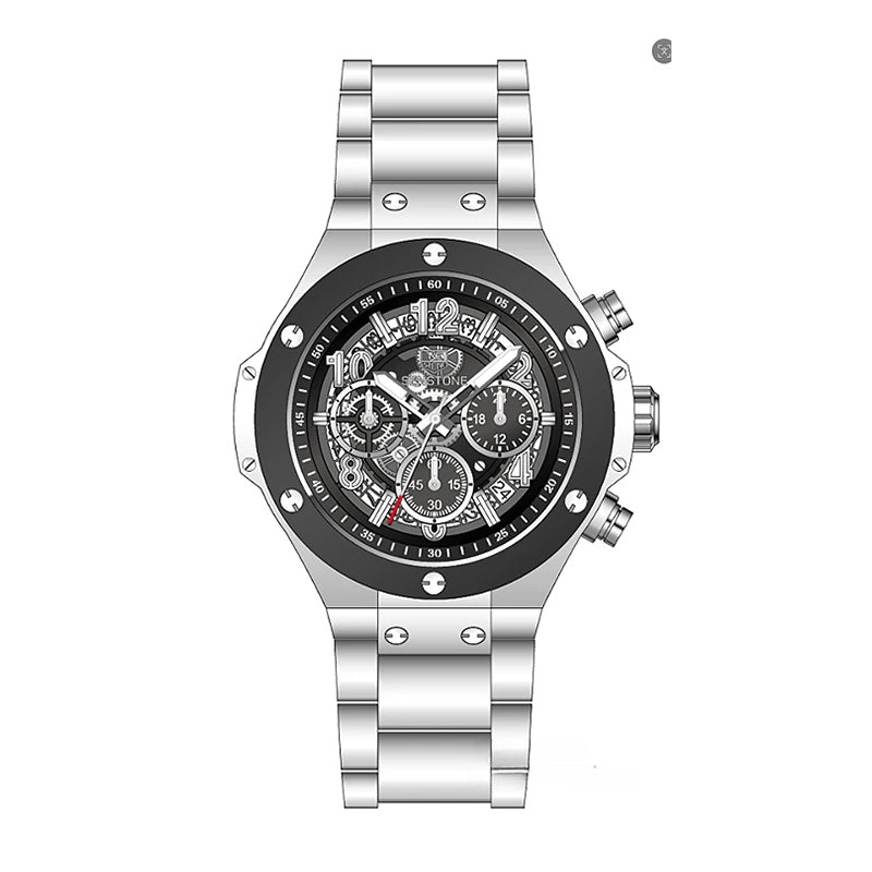 SENSTONE SST218 Quartz Watch - Live Edition Men's Heavy Industrial 46mm Riveted Bezel Mechanical Skeleton Illusion Dial Wide Steel Link Bracelet Wristwatch