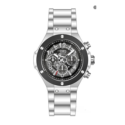 SENSTONE SST218 Quartz Watch - Live Edition Men's Heavy Industrial 46mm Riveted Bezel Mechanical Skeleton Illusion Dial Wide Steel Link Bracelet Wristwatch