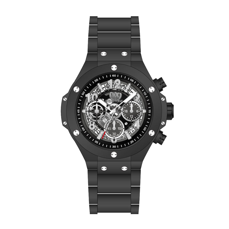 SENSTONE SST218 Quartz Watch - Live Edition Men's Heavy Industrial 46mm Riveted Bezel Mechanical Skeleton Illusion Dial Wide Steel Link Bracelet Wristwatch