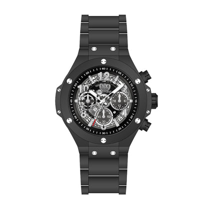 SENSTONE SST218 Quartz Watch - Live Edition Men's Heavy Industrial 46mm Riveted Bezel Mechanical Skeleton Illusion Dial Wide Steel Link Bracelet Wristwatch