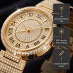 MISSFOX V377L Live Edition Men's Fully Iced Out Quartz Watch - 44mm Case Roman Numerals Pave Diamond Dial Coated Glass Metal Band Wristwatch