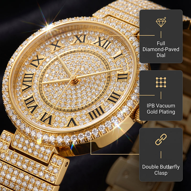 MISSFOX V377L Live Edition Men's Fully Iced Out Quartz Watch - 44mm Case Roman Numerals Pave Diamond Dial Coated Glass Metal Band Wristwatch