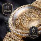 MISSFOX V377L Live Edition Men's Fully Iced Out Quartz Watch - 44mm Case Roman Numerals Pave Diamond Dial Coated Glass Metal Band Wristwatch