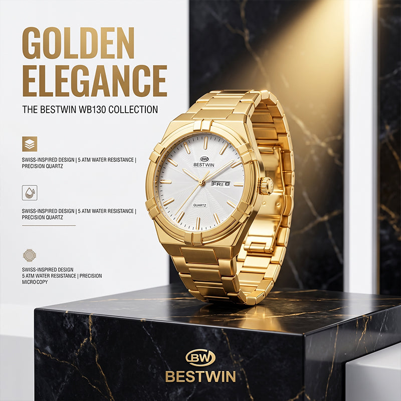 BESTWIN WB130 Live Edition Men's Aikon Style Quartz Watch - 42mm Case Claw Bezel Wave Patterned Dial Day Date Window Metal Band Wristwatch