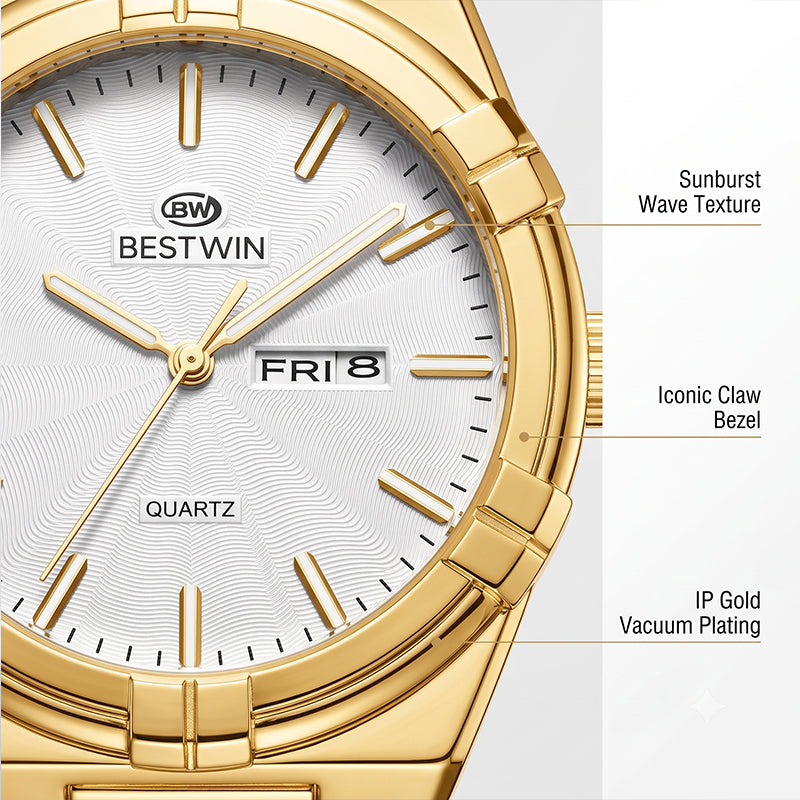 BESTWIN WB130 Live Edition Men's Aikon Style Quartz Watch - 42mm Case Claw Bezel Wave Patterned Dial Day Date Window Metal Band Wristwatch