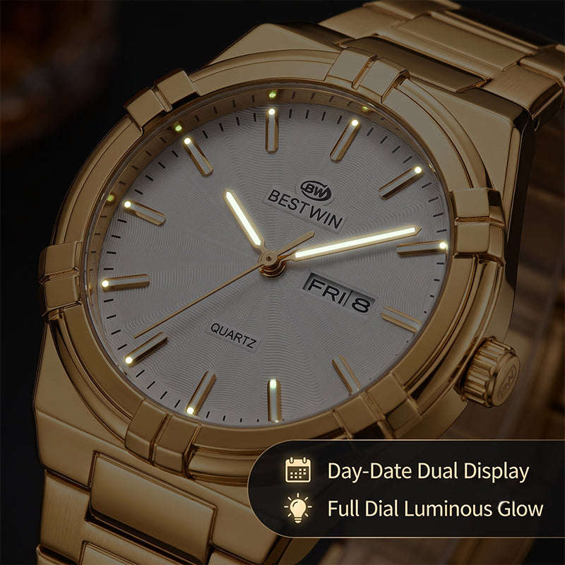 BESTWIN WB130 Live Edition Men's Aikon Style Quartz Watch - 42mm Case Claw Bezel Wave Patterned Dial Day Date Window Metal Band Wristwatch