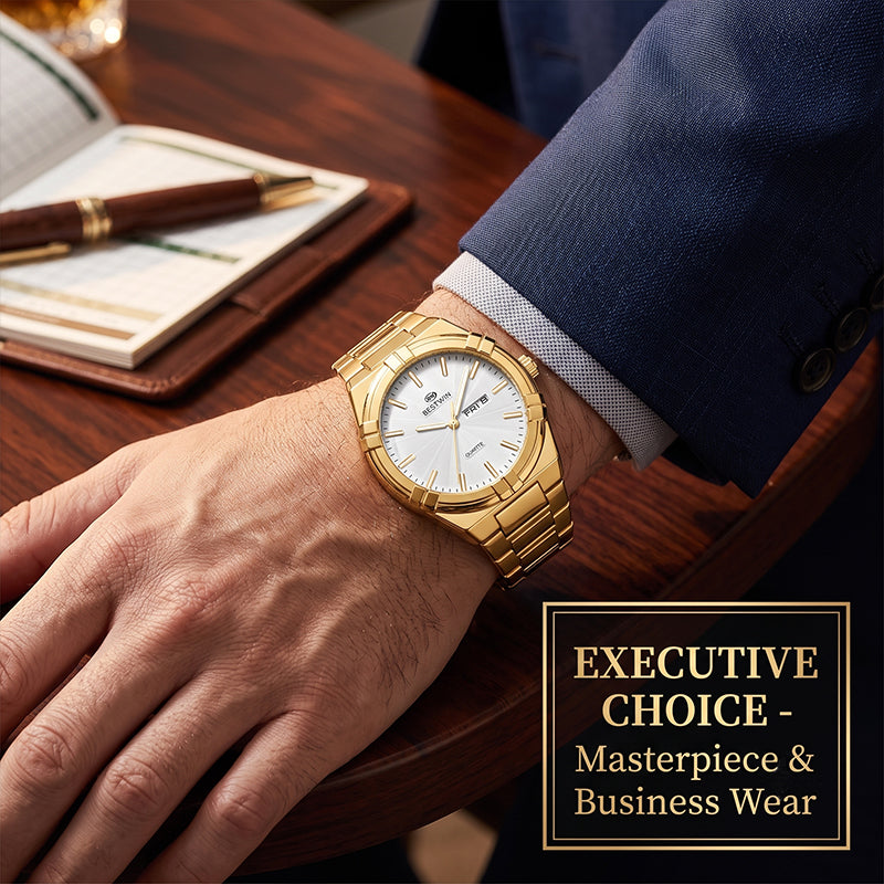 BESTWIN WB130 Live Edition Men's Aikon Style Quartz Watch - 42mm Case Claw Bezel Wave Patterned Dial Day Date Window Metal Band Wristwatch
