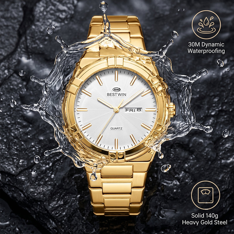 BESTWIN WB130 Live Edition Men's Aikon Style Quartz Watch - 42mm Case Claw Bezel Wave Patterned Dial Day Date Window Metal Band Wristwatch