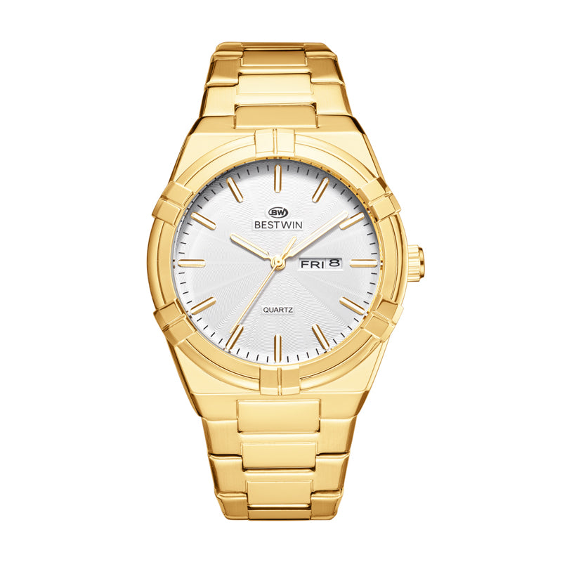 BESTWIN WB130 Live Edition Men's Aikon Style Quartz Watch - 42mm Case Claw Bezel Wave Patterned Dial Day Date Window Metal Band Wristwatch