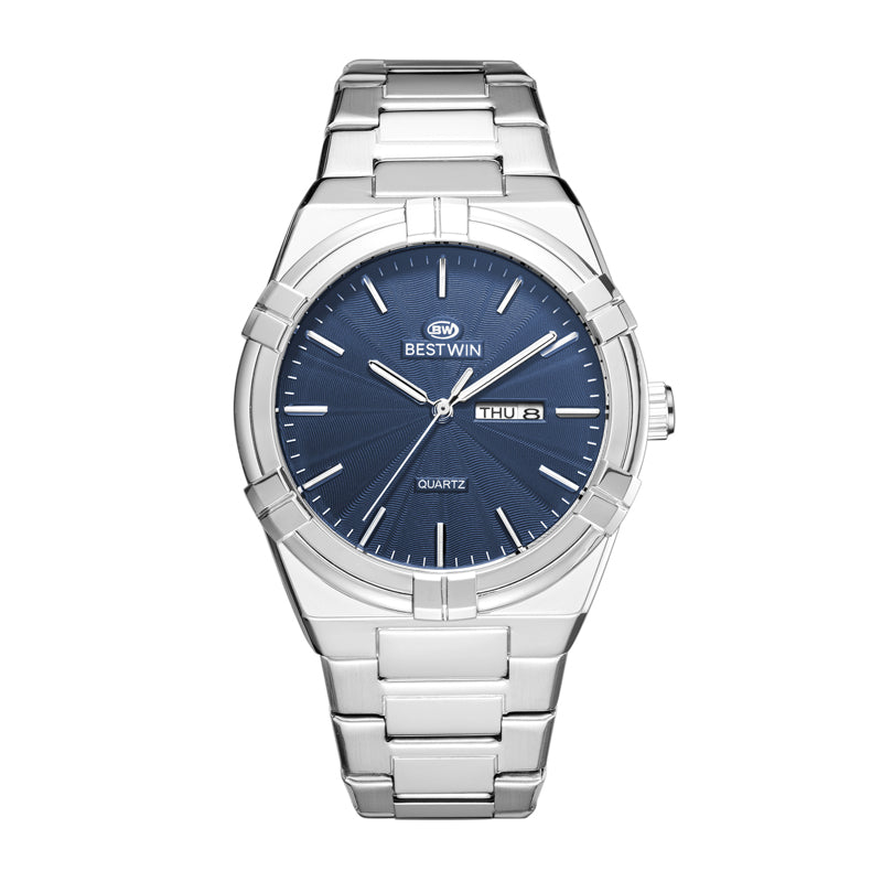 BESTWIN WB130 Live Edition Men's Aikon Style Quartz Watch - 42mm Case Claw Bezel Wave Patterned Dial Day Date Window Metal Band Wristwatch