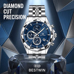 BESTWIN WB173 Live Edition Men's Diamond-Cut Bezel Chronograph Quartz Watch - 46mm Silver Case Triple Subdial 4H Date Window Metal Band Wristwatch