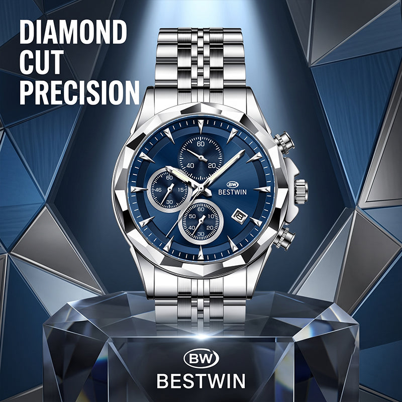 BESTWIN WB173 Live Edition Men's Diamond-Cut Bezel Chronograph Quartz Watch - 46mm Silver Case Triple Subdial 4H Date Window Metal Band Wristwatch