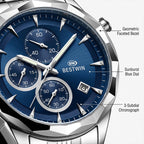 BESTWIN WB173 Live Edition Men's Diamond-Cut Bezel Chronograph Quartz Watch - 46mm Silver Case Triple Subdial 4H Date Window Metal Band Wristwatch