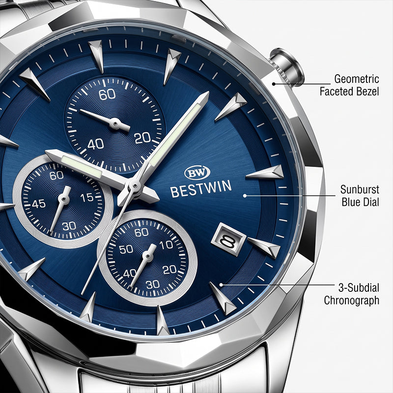 BESTWIN WB173 Live Edition Men's Diamond-Cut Bezel Chronograph Quartz Watch - 46mm Silver Case Triple Subdial 4H Date Window Metal Band Wristwatch