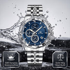 BESTWIN WB173 Live Edition Men's Diamond-Cut Bezel Chronograph Quartz Watch - 46mm Silver Case Triple Subdial 4H Date Window Metal Band Wristwatch