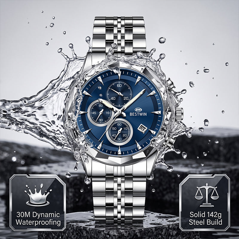 BESTWIN WB173 Live Edition Men's Diamond-Cut Bezel Chronograph Quartz Watch - 46mm Silver Case Triple Subdial 4H Date Window Metal Band Wristwatch