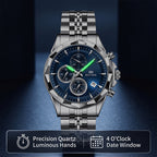 BESTWIN WB173 Live Edition Men's Diamond-Cut Bezel Chronograph Quartz Watch - 46mm Silver Case Triple Subdial 4H Date Window Metal Band Wristwatch
