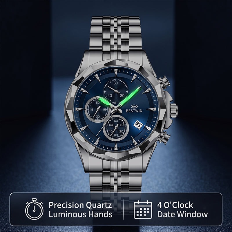 BESTWIN WB173 Live Edition Men's Diamond-Cut Bezel Chronograph Quartz Watch - 46mm Silver Case Triple Subdial 4H Date Window Metal Band Wristwatch