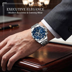 BESTWIN WB173 Live Edition Men's Diamond-Cut Bezel Chronograph Quartz Watch - 46mm Silver Case Triple Subdial 4H Date Window Metal Band Wristwatch