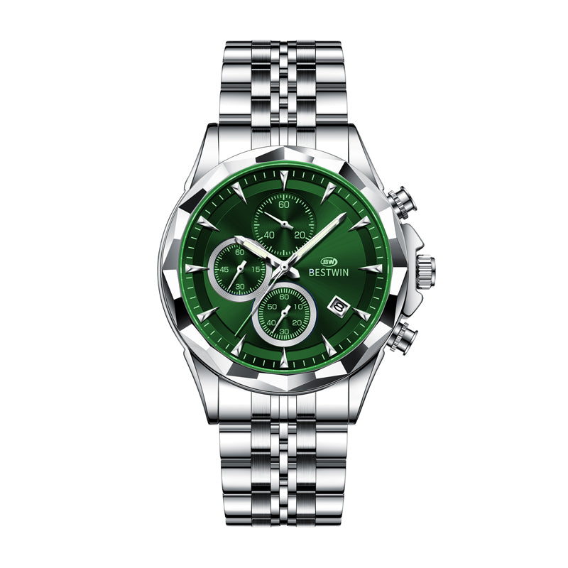 BESTWIN WB173 Live Edition Men's Diamond-Cut Bezel Chronograph Quartz Watch - 46mm Silver Case Triple Subdial 4H Date Window Metal Band Wristwatch