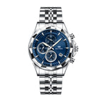 BESTWIN WB173 Live Edition Men's Diamond-Cut Bezel Chronograph Quartz Watch - 46mm Silver Case Triple Subdial 4H Date Window Metal Band Wristwatch