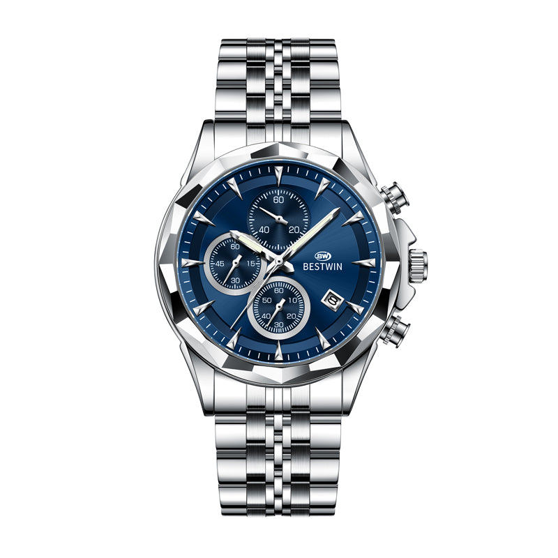 BESTWIN WB173 Live Edition Men's Diamond-Cut Bezel Chronograph Quartz Watch - 46mm Silver Case Triple Subdial 4H Date Window Metal Band Wristwatch