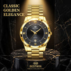 BESTWIN WB232 Live Edition Men's Ultra-Slim Gold Quartz Watch - 40mm Gold Case Fluted Bezel Textured Dial 6H Date Window Metal Band Wristwatch