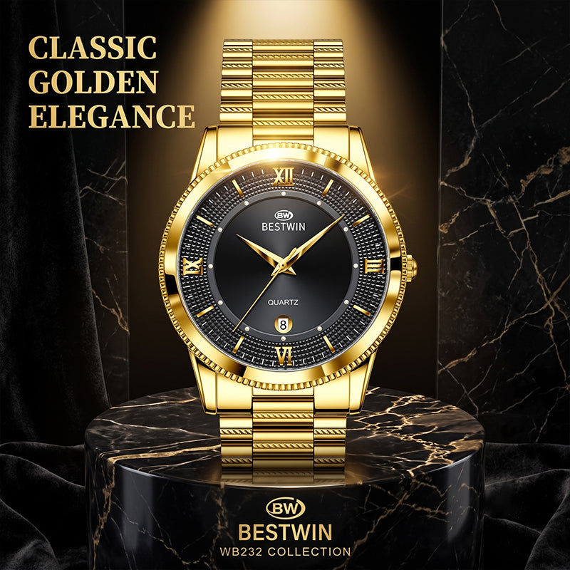 BESTWIN WB232 Live Edition Men's Ultra-Slim Gold Quartz Watch - 40mm Gold Case Fluted Bezel Textured Dial 6H Date Window Metal Band Wristwatch