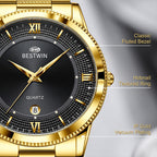 BESTWIN WB232 Live Edition Men's Ultra-Slim Gold Quartz Watch - 40mm Gold Case Fluted Bezel Textured Dial 6H Date Window Metal Band Wristwatch