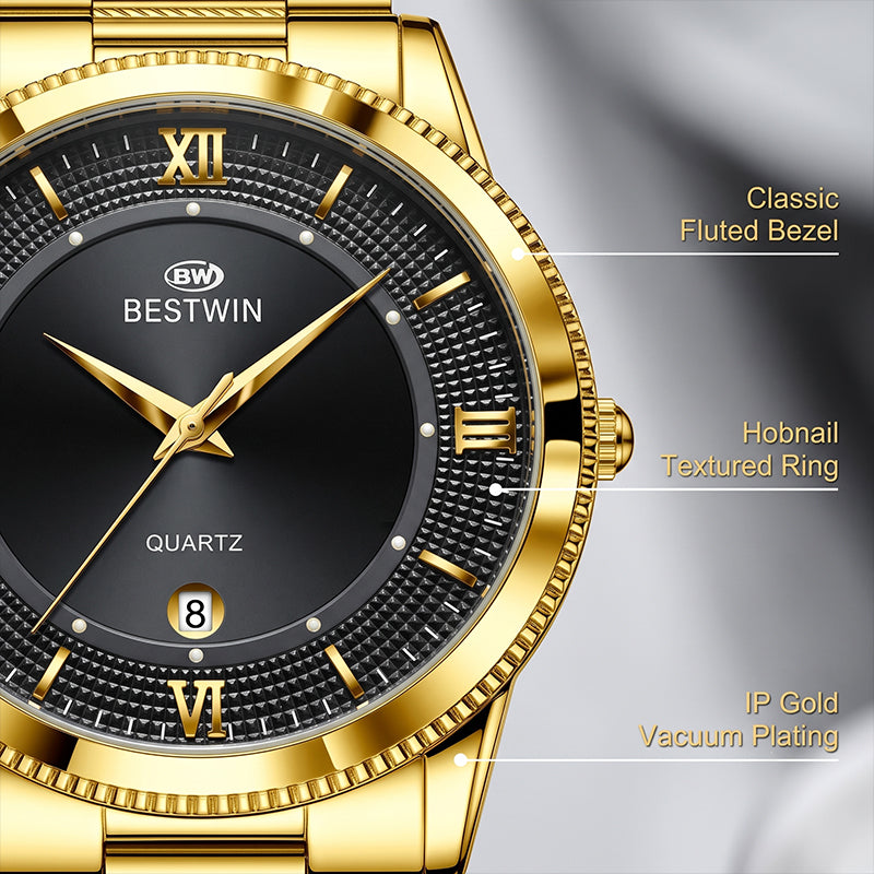 BESTWIN WB232 Live Edition Men's Ultra-Slim Gold Quartz Watch - 40mm Gold Case Fluted Bezel Textured Dial 6H Date Window Metal Band Wristwatch