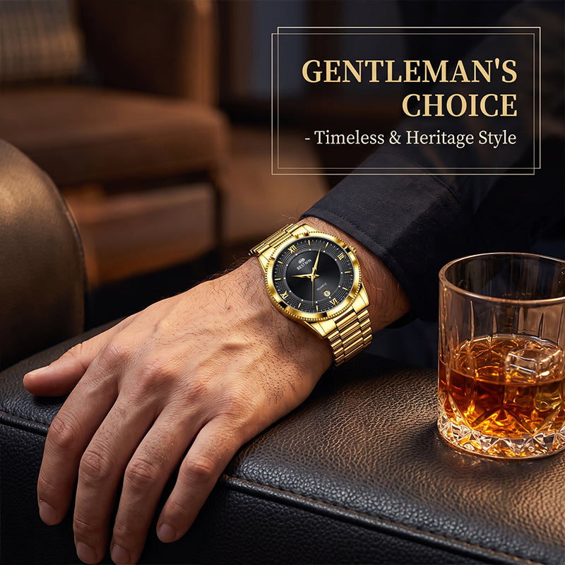 BESTWIN WB232 Live Edition Men's Ultra-Slim Gold Quartz Watch - 40mm Gold Case Fluted Bezel Textured Dial 6H Date Window Metal Band Wristwatch