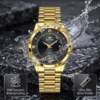 BESTWIN WB232 Live Edition Men's Ultra-Slim Gold Quartz Watch - 40mm Gold Case Fluted Bezel Textured Dial 6H Date Window Metal Band Wristwatch