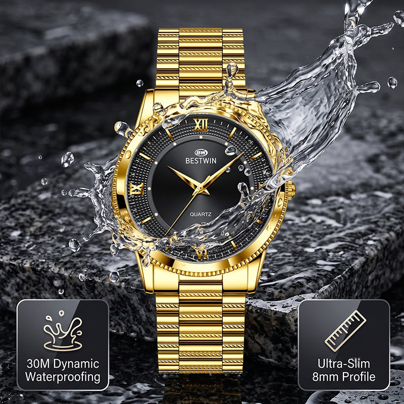 BESTWIN WB232 Live Edition Men's Ultra-Slim Gold Quartz Watch - 40mm Gold Case Fluted Bezel Textured Dial 6H Date Window Metal Band Wristwatch