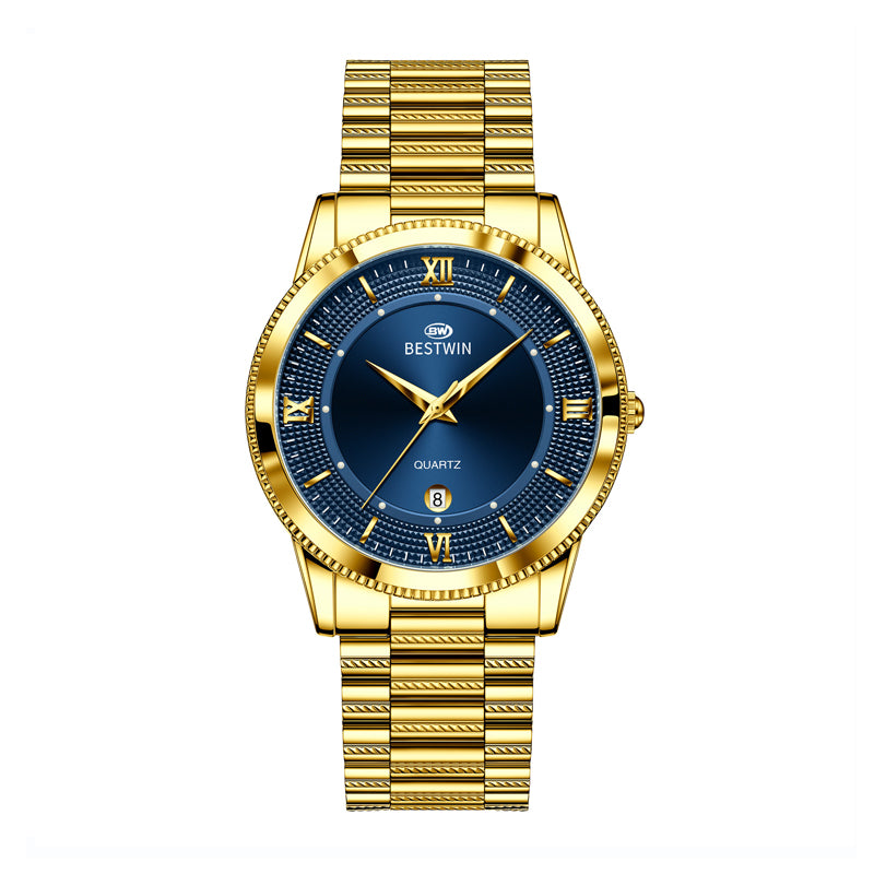 BESTWIN WB232 Live Edition Men's Ultra-Slim Gold Quartz Watch - 40mm Gold Case Fluted Bezel Textured Dial 6H Date Window Metal Band Wristwatch