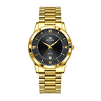 BESTWIN WB232 Live Edition Men's Ultra-Slim Gold Quartz Watch - 40mm Gold Case Fluted Bezel Textured Dial 6H Date Window Metal Band Wristwatch