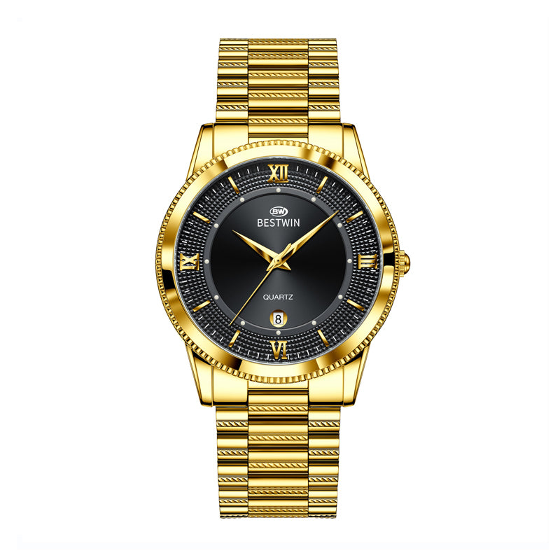 BESTWIN WB232 Live Edition Men's Ultra-Slim Gold Quartz Watch - 40mm Gold Case Fluted Bezel Textured Dial 6H Date Window Metal Band Wristwatch