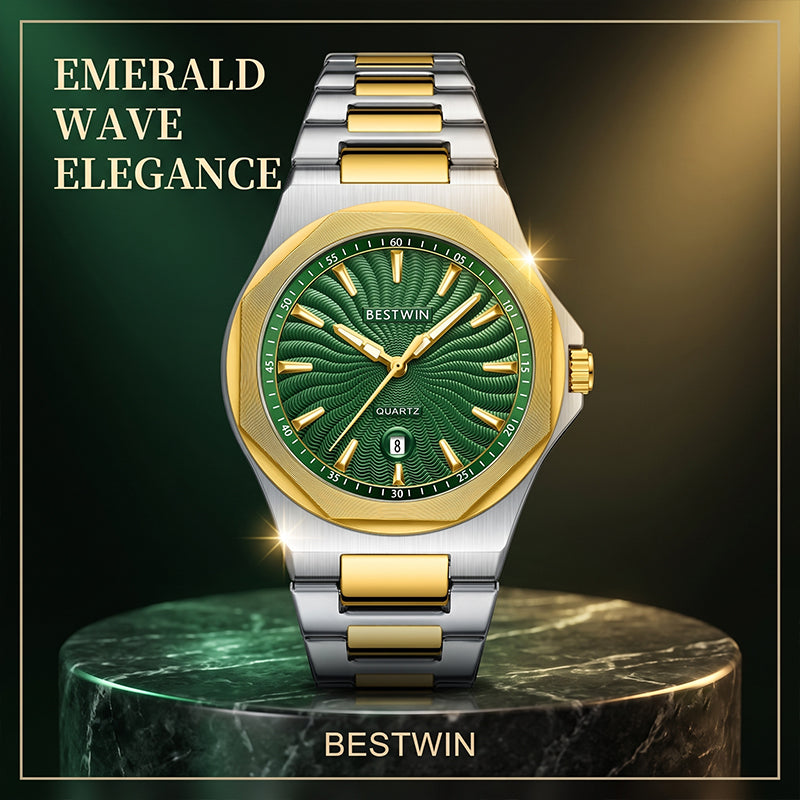BESTWIN WB243 Live Edition Men's Octagonal Integrated Quartz Watch - 43mm Case Radiant Wave Dial 6H Date Window Stainless Steel Wristwatch