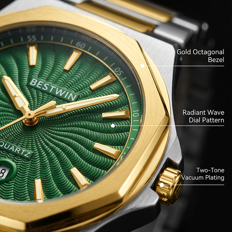 BESTWIN WB243 Live Edition Men's Octagonal Integrated Quartz Watch - 43mm Case Radiant Wave Dial 6H Date Window Stainless Steel Wristwatch