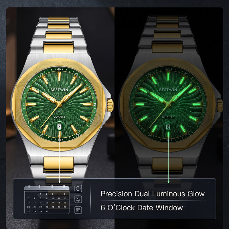 BESTWIN WB243 Live Edition Men's Octagonal Integrated Quartz Watch - 43mm Case Radiant Wave Dial 6H Date Window Stainless Steel Wristwatch