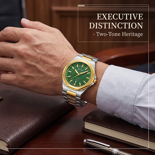 BESTWIN WB243 Live Edition Men's Octagonal Integrated Quartz Watch - 43mm Case Radiant Wave Dial 6H Date Window Stainless Steel Wristwatch