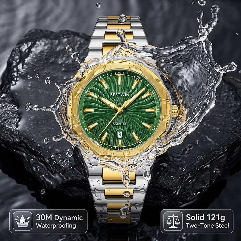 BESTWIN WB243 Live Edition Men's Octagonal Integrated Quartz Watch - 43mm Case Radiant Wave Dial 6H Date Window Stainless Steel Wristwatch