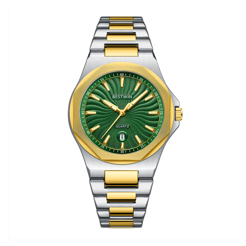 BESTWIN WB243 Live Edition Men's Octagonal Integrated Quartz Watch - 43mm Case Radiant Wave Dial 6H Date Window Stainless Steel Wristwatch