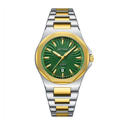 BESTWIN WB243 Live Edition Men's Octagonal Integrated Quartz Watch - 43mm Case Radiant Wave Dial 6H Date Window Stainless Steel Wristwatch