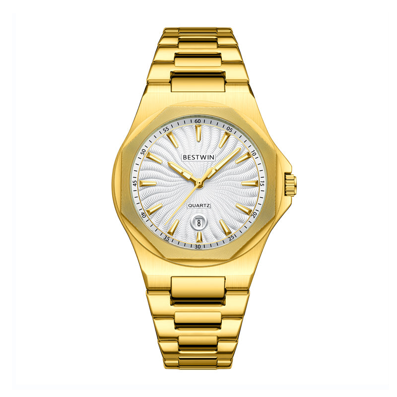 BESTWIN WB243 Live Edition Men's Octagonal Integrated Quartz Watch - 43mm Case Radiant Wave Dial 6H Date Window Stainless Steel Wristwatch