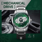 BESTWIN WB911 Live Edition Men's Dashboard Skeleton Style Quartz Watch - 43mm Silver Case Convex Crystal Green Dial 6H Date Window Metal Band Wristwatch