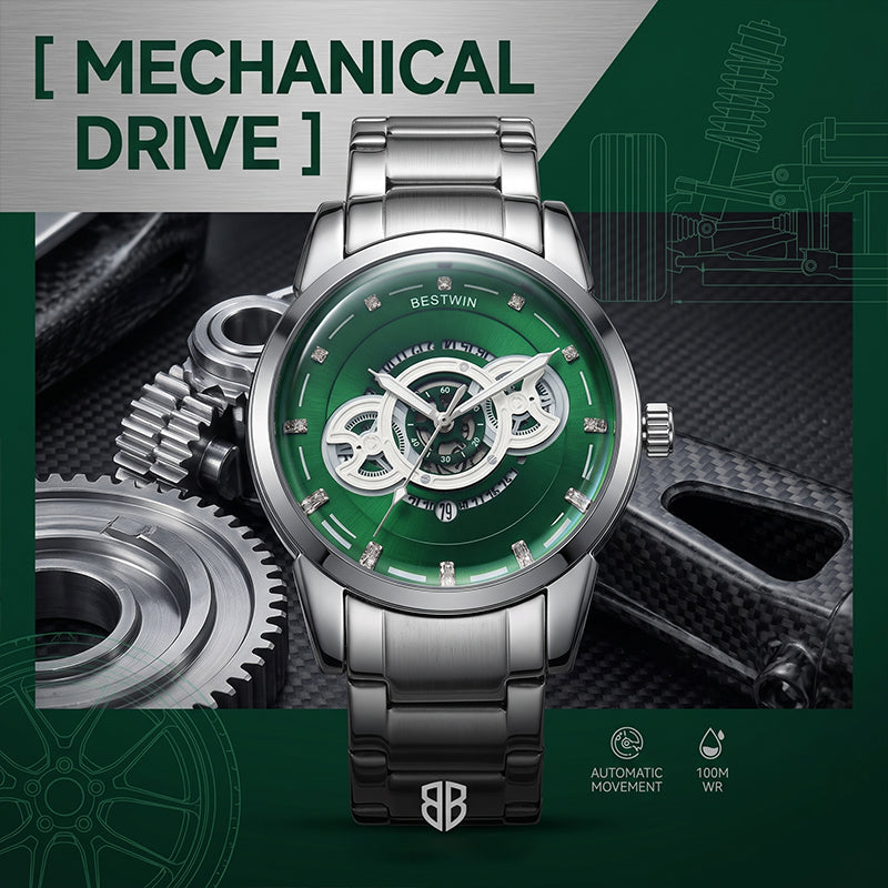 BESTWIN WB911 Live Edition Men's Dashboard Skeleton Style Quartz Watch - 43mm Silver Case Convex Crystal Green Dial 6H Date Window Metal Band Wristwatch